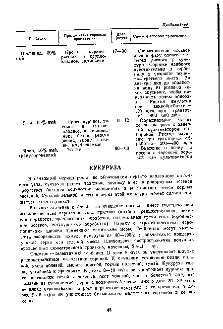 Большое значение в борьбе за очищение посевов имеет своевременное выполнение всех агротехнических приемов (подбор предшественника, зяблевая обработка, предпосевные обработки, оптимальные сроки сева, боронование посевов, междурядные обработки). Наряду с агротехническими мероприятиями широко применяют химические меры. Гербициды могут уменьшить засоренность посевов кукурузы на 80—100% и значительно повысить урожай зерна или зеленой массы. Наибольшее распространение получили производные симметричного триазина, мочевины, 2,4-Д и др.