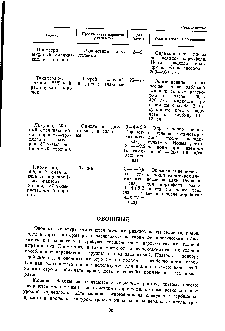 Овощные культуры отличаются большим разнообразием семейств, родов, видов и сортов, которые резко различаются по своим физиологическим и биохимическим свойствам и требуют специфических агротехнических условий выращивания. Кроме того, в зависимости от почвенно-климатических условий преобладают определенные группы и типы засорителей. Поэтому к подбору гербицидов для овощных культур нужно подходить особенно внимательно. Так как большинство овощей используется для пищи в свежем виде, необходимо строго соблюдать сроки, дозы и способы применения всех препаратов.