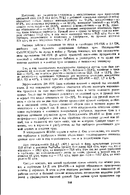 Так, в год однократного использования препарата состав трав был следующим на контроле: злаковые — 38,1%, бобовые — 23,8%, ядовитые и вредные— 18,4%, на опытном участке — соответственно 55,2; 15,8 и 12,2%. После двукратного применения гербицида эти величины несколько изменились: 55,4; 0,5 и 4,8%, а после трех лет обработки 2М-4ХМ — 83,7; 1,7 и 3,1%.