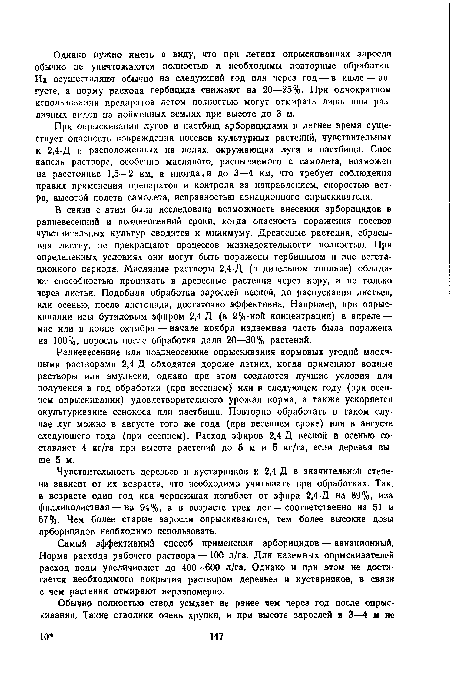 В связи с этим была исследована возможность внесения арборицидов в ранневесенний и позднеосенний сроки, когда опасность поражения посевов чувствительных культур сводится к минимуму. Древесные растения, сбрасывая листву, не прекращают процессов жизнедеятельности полностью. При определенных условиях они могут быть поражены гербицидом и вне вегетационного периода. Масляные растворы 2,4-Д (в дизельном топливе) обладают способностью проникать в древесные растения через кору, а не только через листья. Подобная обработка зарослей весной, до распускания листьев, или осенью, после листопада, достаточно эффективна. Например, при опрыскивании ивы бутиловым эфиром 2,4-Д (в 2%-ной концентрации) в апреле — мае или в конце октября — начале ноября надземная часть была поражена на 100%, поросль после обработки дали 20—30% растений.