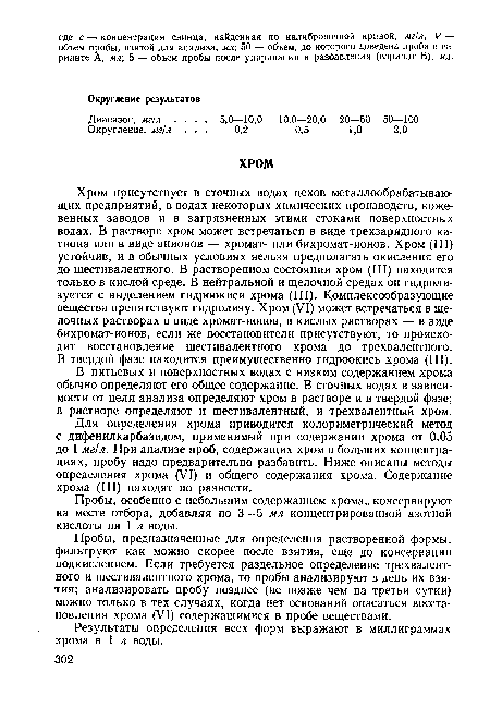 Пробы, предназначенные для определения растворенной формы, фильтруют как можно скорее после взятия, еще до консервации подкислением. Если требуется раздельное определение трехвалентного и шестивалентного хрома, то пробы анализируют в день их взятия; анализировать пробу позднее (не позже чем на третьи сутки) можно только в тех случаях, когда нет оснований опасаться восстановления хрома (VI) содержащимися в пробе веществами.