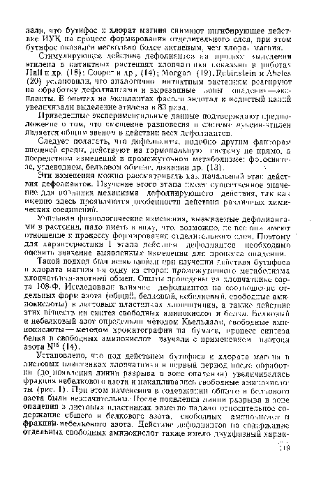 Такой подход был использован при изучении действия бутифоса и хлората магния на одну из сторон промежуточного метаболизма хлопчатника-азотный обмен. Опыты проведены на хлопчатнике сорта 108-Ф. Исследовали влияние дефолиантов на соотношение отдельных форм азота (общий, белковый, небелковый, свободные аминокислоты) в листовых пластинках хлопчатника, а также действие этих веществ на синтез свободных аминокислот и белка. Белковый и небелковый азот определяли методом Кьельдаля, свободные аминокислоты— методом хроматографии на бумаге, процесс синтеза белка и свободных аминокислот изучали с применением изотопа азота N15 (14).