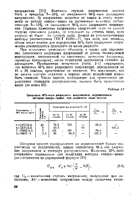 При испытании громоздких объектов, а также при определении зависимости разрядных напряжений от длины изоляционной конструкции, составленной из однотипных элементов (например, гирлянды изоляторов), число испытаний допускается снижать до двенадцати. Проведенные испытания (табл. 2-1) показывают, что величина 50%-ного разрядного напряжения, определенная по 10 и 20 опытам, практически не меняется. Это показывает, что во многих случаях заданное в нормах число воздействий может быть снижено. Число опытов, необходимое для правильного определения стандарта распределения, должно быть существенно выше (не менее 50).