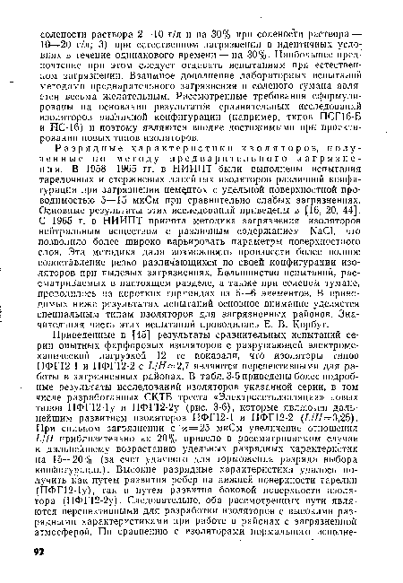 Разрядные характеристики изоляторов, полученные по методу предварительного загрязнения. В 1958—1965 гг. в НИИПТ были выполнены испытания тарелочных и стержневых линейных изоляторов различной конфигурации при загрязнении цементом с удельной поверхностной проводимостью 5—15 мкСм при сравнительно слабых загрязнениях. Основные результаты этих исследований приведены в [16, 20, 44]. С 1965 г. в НИИПТ принята методика загрязнения изоляторов нейтральным веществом с различным содержанием ЫаС1, что позволило более широко варьировать параметры поверхностного слоя. Эта методика дала возможность произвести более полное сопоставление резко различающихся по своей конфигурации изоляторов при пылевых загрязнениях. Большинство испытаний, рассматриваемых в настоящем разделе, а также при соленом тумане, проводилось на коротких гирляндах из 5—6 элементов. В приводимых ниже результатах испытаний основное внимание уделяется специальным типам изоляторов для загрязненных районов. Значительная часть этих испытаний проводилась Е. В. Корбут.