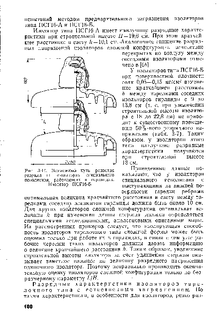 Возможный путь развития разряда на изоляторах специального, исполнения, работающих в гирляндах. Изолятор ПСГ16-Б