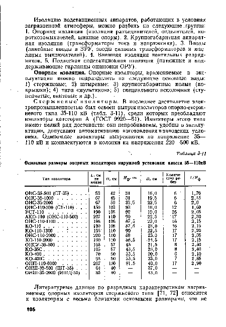 Стержневые1 изоляторы. В последнее десятилетие электропромышленностью был освоен выпуск изоляторов опорно-стерж-невого типа 35-110 кВ (табл. 3-11), среди которых преобладают изоляторы категории А (ГОСТ 9920—61). Изоляторы этого типа имеют целый ряд достоинств: они непробиваемы, удобны в эксплуатации, допускают автоматизацию изготовления в заводских условиях. Одиночные изоляторы выпускаются на напряжение 35— 110 кВ и комплектуются в колонки на напряжения 220—500 кВ.