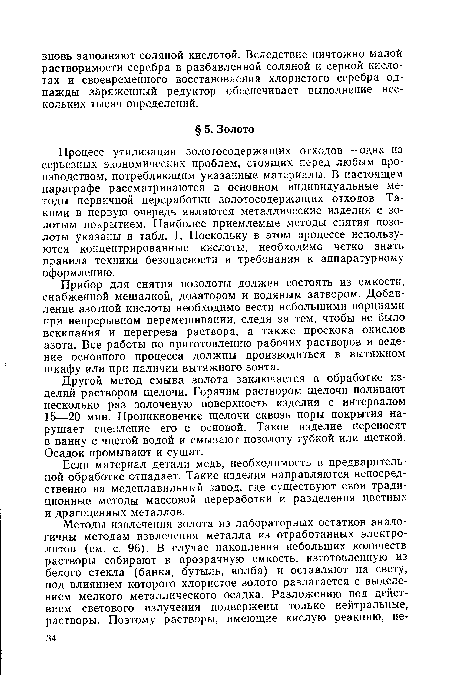 Прибор для снятия позолоты должен состоять из емкости, снабженной мешалкой, дозатором и водяным затвором. Добавление азотной кислоты необходимо вести небольшими порциями при непрерывном перемешивании, следя за тем, чтобы не было вскипания и перегрева раствора, а также проскока окислов азота. Все работы по приготовлению рабочих растворов и ведение основного процесса должны производиться в вытяжном шкафу или при наличии вытяжного зонта.