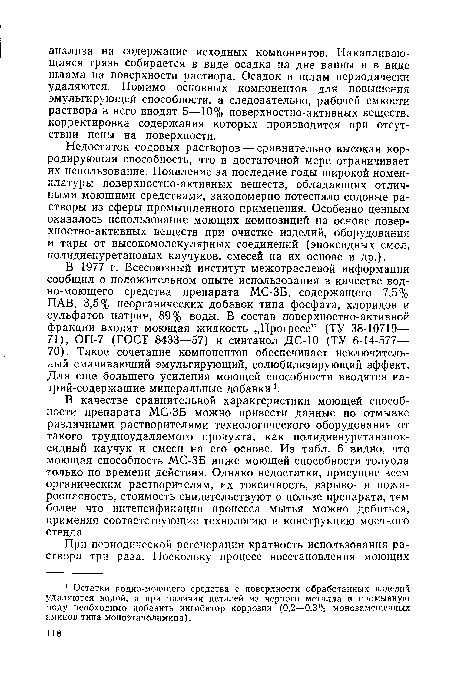 Недостаток содовых растворов — сравнительно высокая корродирующая способность, что в достаточной мере ограничивает их использование. Появление за последние годы широкой номенклатуры поверхностно-активных веществ, обладающих отличными моющими средствами, закономерно потеснило содовые растворы из сферы промышленного применения. Особенно ценным оказалось использование моющих композиций на основе поверхностно-активных веществ при очистке изделий, оборудования и тары от высокомолекулярных соединений (эпоксидных смол, полидиенуретановых каучуков, смесей на их основе и др.).
