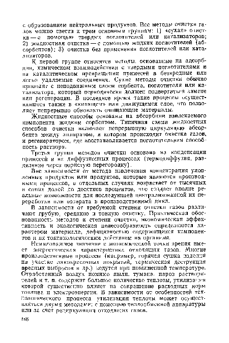 К первой группе относятся методы, основанные на адсорбции, химическом взаимодействии с твердыми поглотителями и на каталитическом превращении примесей в безвредные или легко удаляемые соединения. Сухие методы очистки обычно проводят с неподвижным слоем сорбента, поглотителя или катализатора, который периодически должен подвергаться замене или регенерации. В последнее время такие процессы осуществляются также в «кипящем» или движущемся слое, что позволяет непрерывно обновлять очищающие материалы.