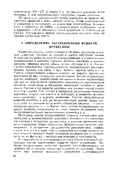 По окончании прокаливания тигель извлекают из муфеля, закрывают крышкой и дают немного остыть. Затем помещают его в эксикатор и охлаждают до комнатной температуры. Взвешивают с точностью до 0,0001 г и рассчитывают содержание золы в процентах к весу абсолютно сухой древесины (с точностью до 0,01%). Расхождение между параллельными определениями не должно превышать 0,01 %.