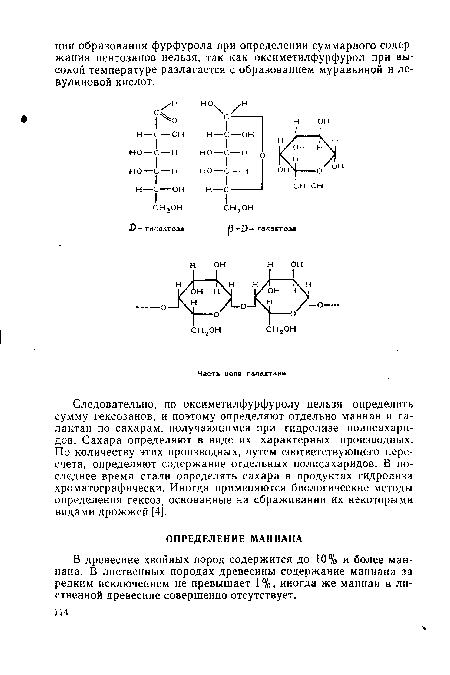 Следовательно, по оксиметилфурфуролу нельзя определить сумму гексозаиов, и поэтому определяют отдельно маннан и га-лактан по сахарам, получающимся при гидролизе полисахаридов. Сахара определяют в виде их характерных производных. По количеству этих производных, путем соответствующего пересчета, определяют содержание отдельных полисахаридов. В последнее время стали определять сахара в продуктах гидролиза хроматографически. Иногда применяются биологические методы определения гексоз, основанные на сбраживании их некоторыми видами дрожжей [4].