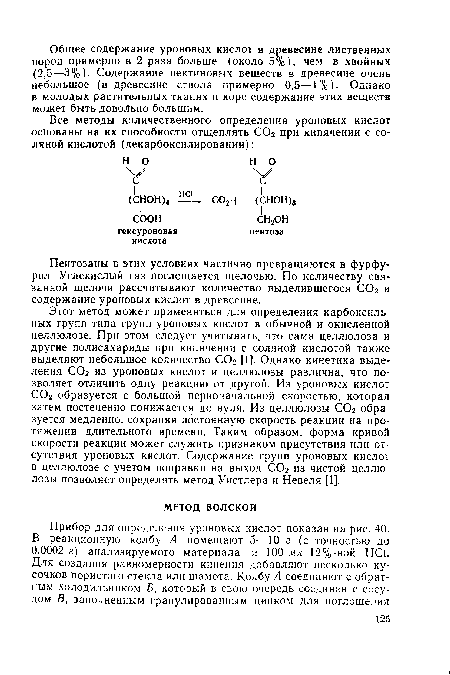 Пентозаны в этих условиях частично превращаются в фурфурол. Углекислый газ поглощается щелочью. По количеству связанной щелочи рассчитывают количество выделившегося СОг и содержание уроновых кислот в древесине.