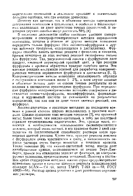 В последнее десятилетие особое внимание уделяют колориметрическим и спектрофотометрическим методам определения пентозанов, которые в отличие от других методов позволяют определять только фурфурол (без оксиметилфурфурола и других побочных продуктов, содержащихся в дистиллятах). Фурфурол способен давать цветные реакции с фенолами и аминами, причем некоторые из этих цветных реакций специфичны только для фурфурола. Так, уксуснокислый анилин с фурфуролом дает продукт, имеющий характерный красный цвет, а при реакции фурфурола с орсином образуется продукт голубого цвета. Эти цветные реакции послужили основой для разработки колориметрических методов определения фурфурола в дистиллятах [1, 2]. Колориметрические методы позволяют анализировать образцы с содержанием пентозанов менее 1—2%, в этом случае весовые и объемные методы дают не совсем точные результаты из-за наличия в дистиллятах производных фурфурола. При определении фурфурола колориметрическими методами содержание в дистиллятах оксиметилфурфурола, метилфурфурола, формальдегида и муравьиной кислоты не сказывается на результатах определения, так как они не дают таких цветных реакций, как фурфурол.