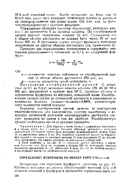 Параллельно проводят холостое определение, используя вместо 5 мл дистиллята 5 мл соляной кислоты. По калибровочной кривой находят содержание ксилана (а мг). Содержание его в общем объеме дистиллята не должно быть менее 20 мг или более 100 мг. В противном случае следует проводить повторное определение на другом образце дистиллята (см. примечание 2).