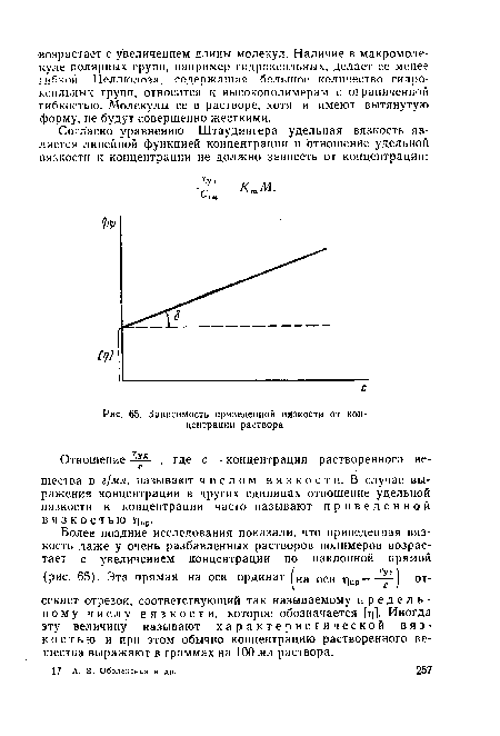 Отношение 5- , где с — концентрация растворенного вещества в г/мл, называют числом вязкости. В случае выражения концентрации в других единицах отношение удельной вязкости к концентрации часто называют приведенной ВЯЗКОСТЬЮ Г)„р.