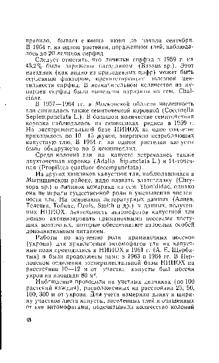 Работы по изучению роли приманочных посевов (укропа) для привлечения энтомофагов тли на капустные поля проводились в НИИОХ в 1961 г. (А. Е. Щербатых) и были продолжены нами в 1963 и 1964 гг. В Пер-ловском отделении экспериментальной базы НИИОХ на расстоянии 10—12 м от участка капусты был посеян укроп на площади 80 м2.