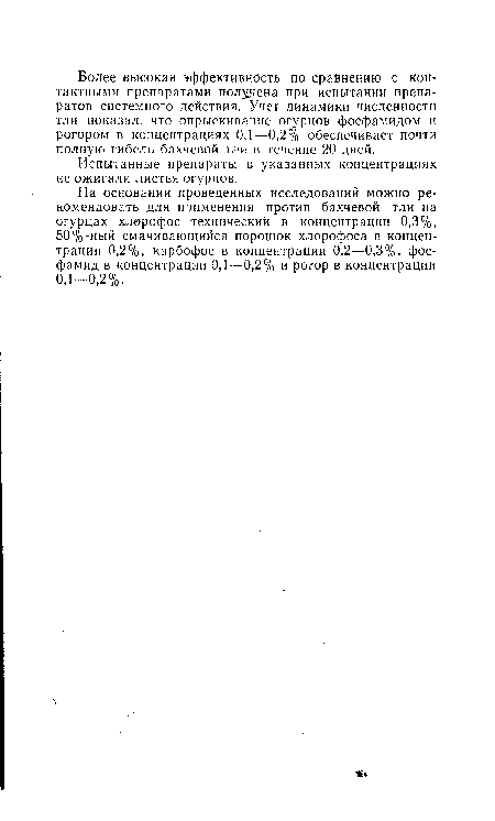 На основании проведенных исследований можно рекомендовать для применения против бахчевой тли на огурцах хлорофос технический в концентрации 0,3%, 50%-ный смачивающийся порошок хлорофоса в концентрации 0,2%, карбофос в концентрации 0,2—0,3%, фос-фамид в концентрации 0,1—0,2% и рогор в концентрации 0,1-0,2%.