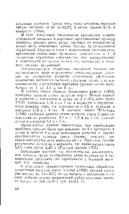 В колхозе имени Ленина Ленинского района (1954) прибавка урожая семян капусты сорта Номер первый в варианте с внесением в лунку по 2 г 12%-ного дуста ГХЦГ равнялась 4,46 ц на 1 га; в варианте с опудрива-нием кочерыг этим же препаратом — 3,6 ц (урожай в контроле 4,12 ц с 1 га)-. В колхозе имени Тельмана (1958) прибавка урожая семян капусты сорта Слава соответственно равнялась 3,4 ц и 1,5 ц на 1 га; урожай семян в контроле 9,4 ц с 1 га.