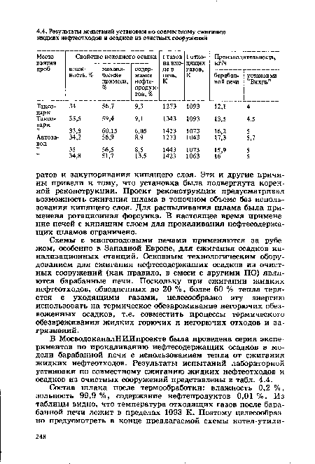 Схемы с многоподовыми печами применяются за рубежом, особенно в Западной Европе, для сжигания осадков канализационных станций. Основным технологическим оборудованием для сжигания нефтесодержащих осадков из очистных сооружений (как правило, в смеси с другими ПО) являются барабанные печи. Поскольку при сжигании жидких нефтеотходов, обводненных до 20 %, более 60 % тепла теряется с уходящими газами, целесообразно эту энергию использовать на термическое обезвреживание негорючих обезвоженных осадков, т.е. совместить процессы термического обезвреживания жидких горючих и негорючих отходов и загрязнений.