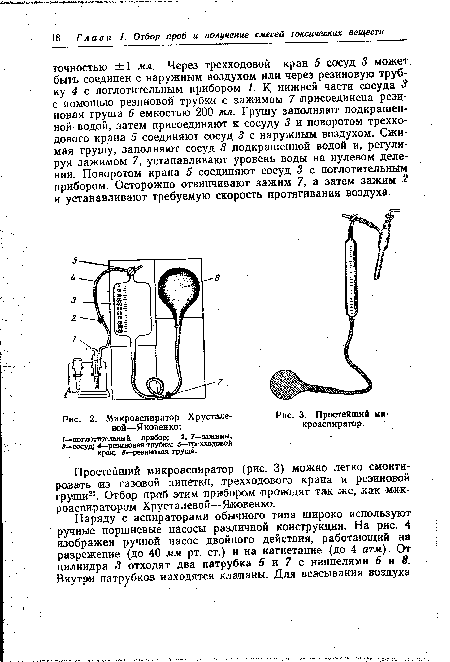 Простейший микроаспиратор (рис. 3) можно легко смонтировать юз газовой пипетки, трехходового крана и резиновой пруши21. Отбор проб этим приборам проводят та« же, как мик-роаспиратором Хрусталевой—Яковенко.