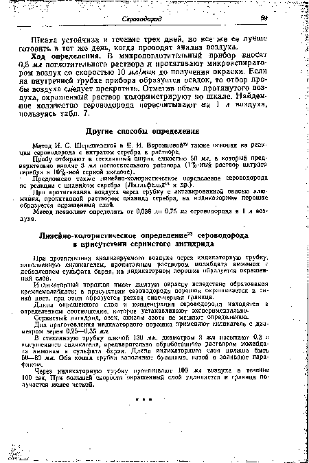 При протягивании анализируемого воздуха через индикаторную трубку, наполненную силикагелем, пропитанным раствором молибдата аммония с добавлением сульфата бария, на индикаторном порошке образуется окрашенный слой.