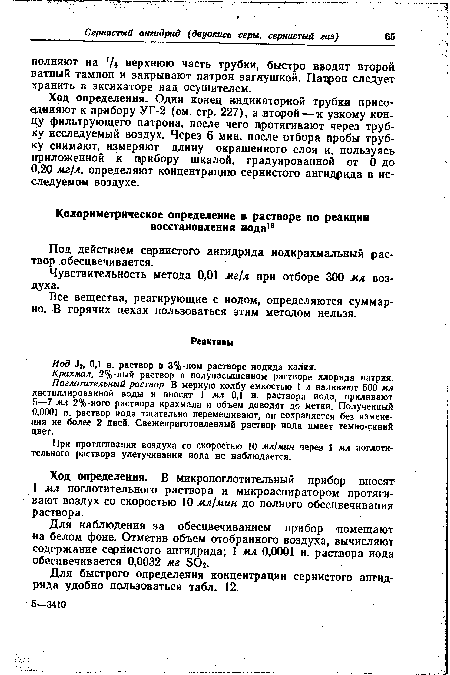 При протягивании воздуха со скоростью 10 мл/мин через 1 мл поглотительного раствора улетучивания иода не наблюдается.