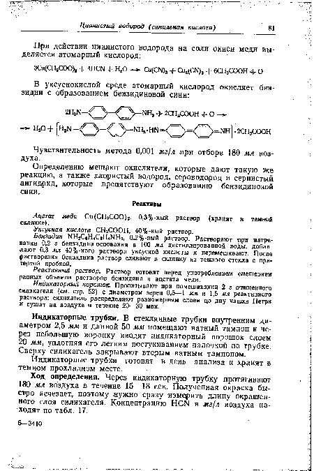 Определению мешдют окислители, которые дают такую же реакцию, а также хлористый водород, сероводород и сернистый ангидрид, которые препятствуют образованию бензидиновой сини.