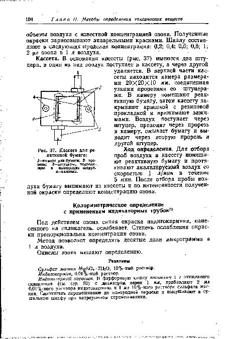 Под действием озона синяя окраска индигокармина, нанесенного на силикагель, ослабевает. Степень ослабления окраски пропорциональна концентрации озона.