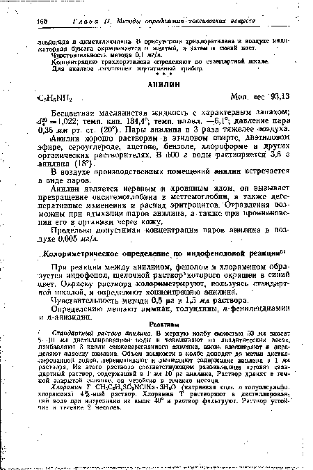 Анилин является нервным я кровяным ядом, он вызывает превращение оксигемоглобина в метгемоглобин, а также дегенеративные изменения и распад эритроцитов. Отравления воз-можяы при вдыхании паров анилина, а также при проникновении его в организм через кожу.