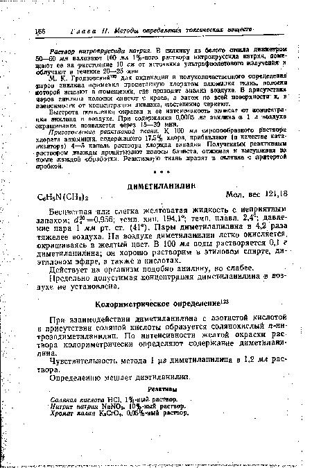 М. К- Гродзовский122 для индикации и полуколичествениого определения даров анилина применил пропитанную хлоратом алюминия ткань, полоска которой вешают в (помещении, где проводят анализ воздуха. В присутствии паров анилина полоски синеют с краев, а затем по всей поверхности и, в зависимости от концентрации анилина, постепенно чернеют.