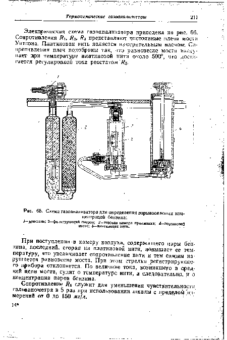 Электрическая схема газоанализатора приведена на рис. 66. Сопротивления Яь /?г, Яз представляют постоянные плечи моста Уитсона. Платиновая нить является измерительным плечом. Сопротивления плеч подо раны так, что равновесие моста наступает при температуре платиновой нити около 500°, что достигается регулировкой тока реостатом Т?5.