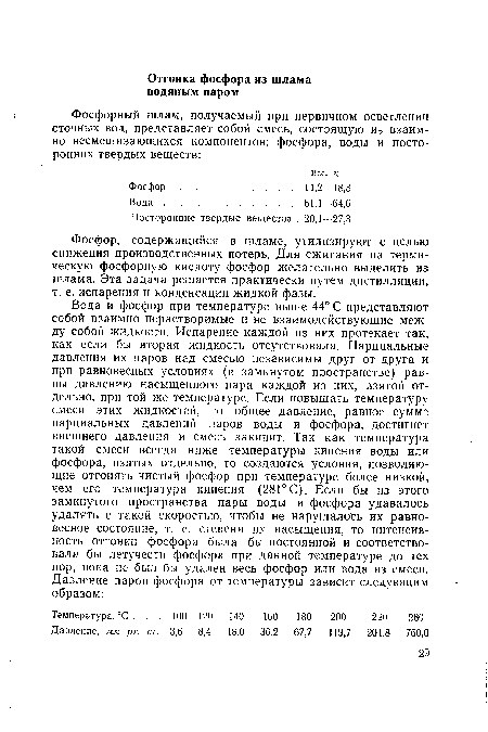 Фосфор, содержащийся в шламе, утилизируют с целью снижения производственных потерь. Для сжигания на термическую фосфорную кислоту фосфор желательно выделить из шлама. Эта задача решается практически путем дистилляции, т. е. испарения и конденсации жидкой фазы.