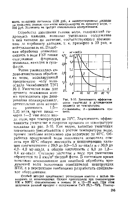 Зависимость эффективности умягчения и длительности процесса от температуры.