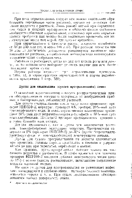 Все эти ядохимикаты, как и дусты для опыливания растений,—тонкодисперсные пылевидные вещества. Протравители содержат от 2% (препарат НИУИФ-2) до 50% (дусты тетраметилтиурамдисульфида и гексахлорбензола) действующего начала.