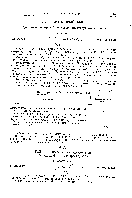 Препарат почти нерастворим в воде и потому изготовляется в виде кон шентрата, содержащего 40—60% бутилового эфира 2,4-Д и 40—47% вспомогательного вещества ОП-7 (ВТУ МХП ЕУ 31—53).
