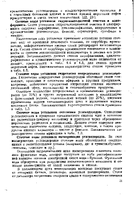 Основное количество непредельных и ароматических углеводородов (до 70%) и других загрязнений поступает в канализацию с фузельными водами, подсмольными водами (до 20%), кислыми промывными водами катализаторного цеха и щелочными водами масляного блока. Биохимическая характеристика стоков приведена в табл. 1.3.