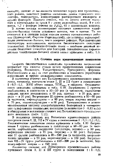 Скорость биохимического окисления органических загрязнений возрастает при очистке стоков целых промышленных комплексов (например, Волжского, Тольяттинского, Приморского, Фергано-Маргеланского и др.) за счет разбавления и взаимного усреднения агрессивных и трудно ассимилируемых компонентов.