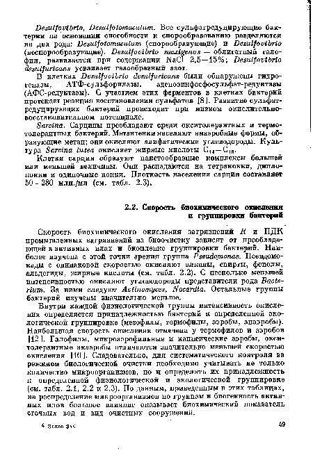 Скорость биохимического окисления загрязнений R и ПДК промышленных загрязнений на биоочистку зависят от преобладающей в активных илах и биопленке группировки бактерий. Наиболее изучена с этой точки зрения группа Pseudojnonas. Псевдомонады с одинаковой скоростью окисляют алканы, спирты, фенолы, альдегиды, жирные кислоты (см. табл. 2.2). С несколько меньшей интенсивностью окисляют углеводороды представители рода Bacterium. За ними следуют Actinomyces, Nocardia. Остальные группы бактерий изучены значительно меньше.