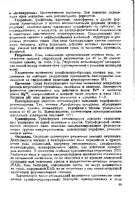 Протеазы. Среди бактериальных протеаз смешанных микробных ценозов встречаются протеиназы, пептидазы и эластазы. Активность ферментов увеличивается под действием ионов Fe2+ и особенно ионов Mg2 , содержащихся в зольной части осадков и илов [13]. Оптимум pH этих ферментов находится в пределах 7—8.