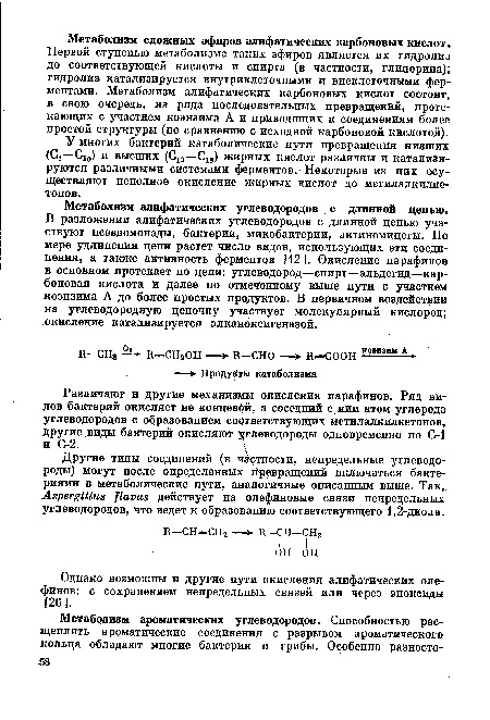 Первой ступенью метаболизма таких эфиров является их гидролиз до соответствующей кислоты и спирта (в частности, глицерина); гидролиз катализируется внутриклеточными и внеклеточными ферментами. Метаболизм алифатических карбоновых кислот состоит, в свою очередь, из ряда последовательных превращений, протекающих с участием коэнзима А и приводящих к соединениям более простой структуры (по сравнению с исходной карбоновой кислотой).