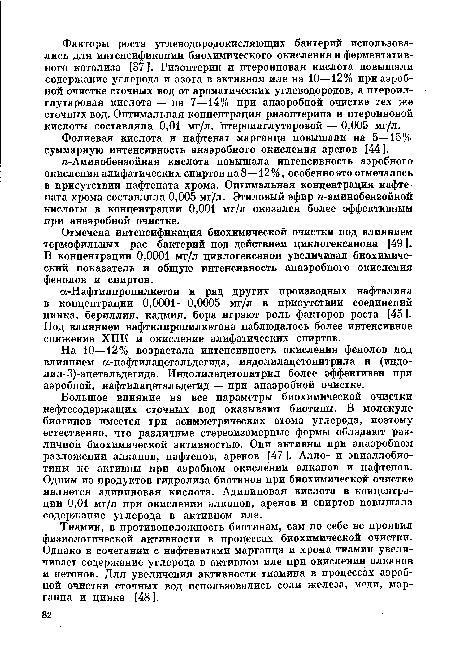 Отмечена интенсификация биохимической очистки под влиянием термофильных рас бактерий под действием циклогексанона [49 ]. В концентрации 0,0001 мг/л циклогексанон увеличивал биохимический показатель и общую интенсивность анаэробного окисления фенолов и спиртов.