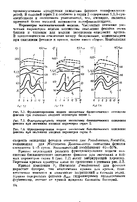 Функционирование модели экосистемы биохимического окисления фенолов при значениях входных параметров серии 2.