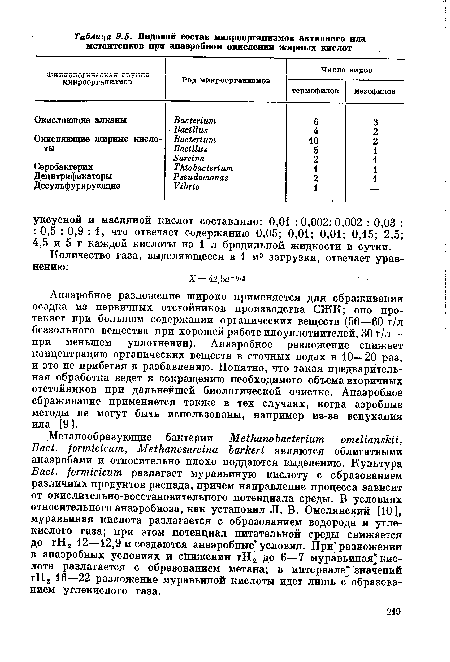 Анаэробное разложение широко применяется для сбраживания осадка из первичных отстойников производства СЖК; оно протекает при большом содержании органических веществ (50—60 г/л беззольного вещества при хорошей работе илоуплотнителей, 30 г/л— при меньшем уплотнении). Анаэробное разложение снижает концентрацию органических веществ в сточных водах в 10—20 раз, и это не прибегая к разбавлению. Понятно, что такая предварительная обработка ведет к сокращению необходимого объема вторичных отстойников при дальнейшей биологической очистке. Анаэробное сбраживание применяется также в тех случаях, когда аэробные методы не могут быть использованы, например из-за вспухания ила [9 ].