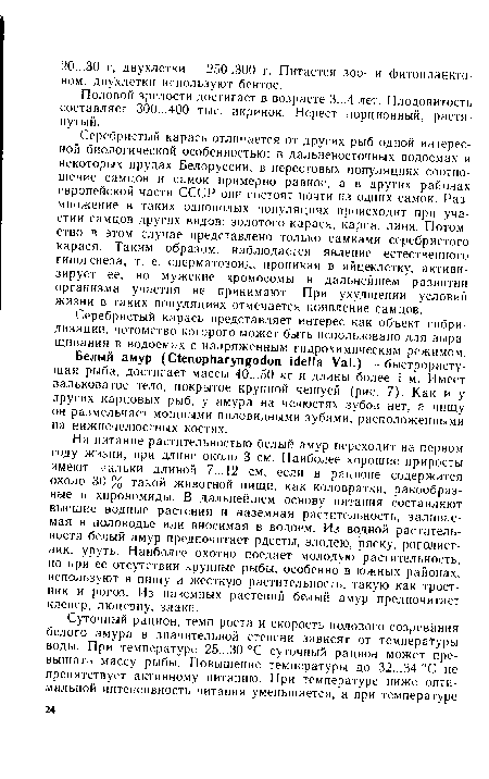 Серебристый карась отличается от других рыб одной интересной биологической особенностью: в дальневосточных водоемах и некоторых прудах Белоруссии, в нерестовых популяциях соотношение самцов и самок примерно равное, а в других районах европейской части СССР они состоят почти из одних самок. Размножение в таких однополых популяциях происходит при участии самцов других видов: золотого карася, карпа, линя. Потомство в этом случае представлено только самками серебристого карася. Таким образом, наблюдается явление естественного гиногенеза, т. е. сперматозоид, проникая в яйцеклетку, активизирует ее, но мужские хромосомы в дальнейшем развитии организма участия не принимают. При ухудшении условий жизни в таких популяциях отмечается появление самцов.