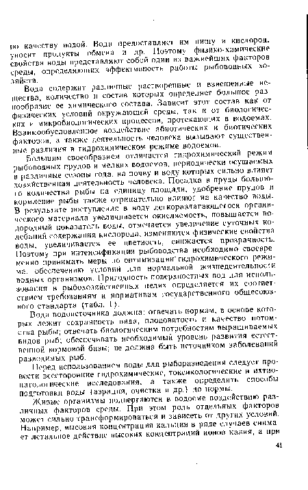 Большим своеобразием отличается гидрохимический режим рыбоводных прудов и мелких водоемов, периодически осушаемых в различные сезоны года, на почву и воду которых сильно влияет хозяйственная деятельность человека. Посадка в пруды большого количества рыбы на единицу площади, удобрение прудов и кормление рыбы также отрицательно влияют на качество воды. В результате поступления в воду легкоразлагающегося органического материала увеличивается окисляемость, повышается водородный показатель воды, отмечается увеличение суточных колебаний содержания кислорода, изменяются физические свойства воды, увеличивается ее цветность, снижается прозрачность. Поэтому при интенсификации рыбоводства необходимо своевременно принимать меры по оптимизации гидрохимического режима, обеспечению условий для нормальной жизнедеятельности водных организмов. Пригодность поверхностных вод для использования в рыбохозяйственных целях определяется их соответствием требованиям и нормативам государственного общесоюзного стандарта (табл. 1).