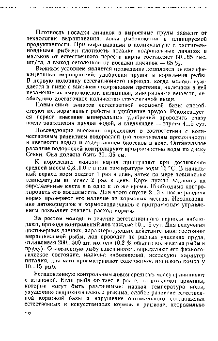 Повышению запасов естественной кормовой базы способствуют мелиоративные работы и удобрение прудов. Рекомендуется первое внесение минеральных удобрений проводить сразу после заполнения прудов водой, а следующее — спустя 4...5 сут.