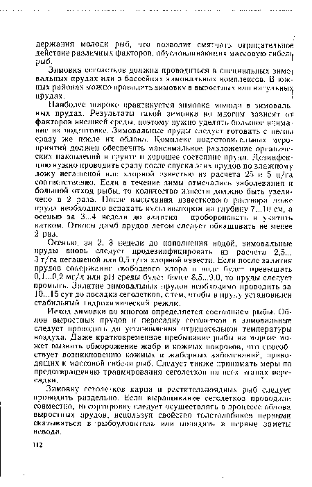 Зимовку сеголетков карпа и растительноядных рыб следует проводить раздельно. Если выращивание сеголетков проводили совместно, то сортировку следует осуществлять в процессе облова выростных прудов, используя свойство толстолобиков первыми скатываться в рыбоуловитель или попадать в первые заметы невода.