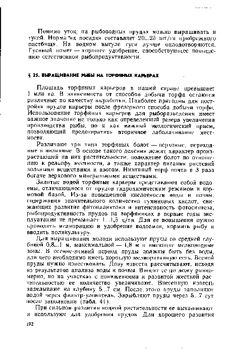 Залитые водой торфяные карьеры представляют собой водоемы, отличающиеся от прудов гидрохимическим режимом и кормовой базой. Из-за повышенной кислотности воды и почвы, содержания значительного количества гуминовых кислот, снижающих развитие фитопланктона и интенсивность фотосинтеза, рыбопродуктивность прудов на торфяниках в первые годы эксплуатации не превышает 1... 1,5 ц/га. Для ее повышения нужно проводить мелиорацию и удобрение водоемов, кормить рыбу и вводить поликультуру.