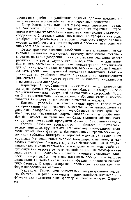 Потребность в тех или иных удобрениях определяют разными способами: путем постановки опытов по изучению потребности в отдельных биогенных веществах, химическим анализом — содержанию биогенных элементов в воде, по прозрачности воды. Удобрение не рекомендуется вносить, если отсутствует биологическая потребность в соответствующем элементе или содержание его в воде больше нормы.