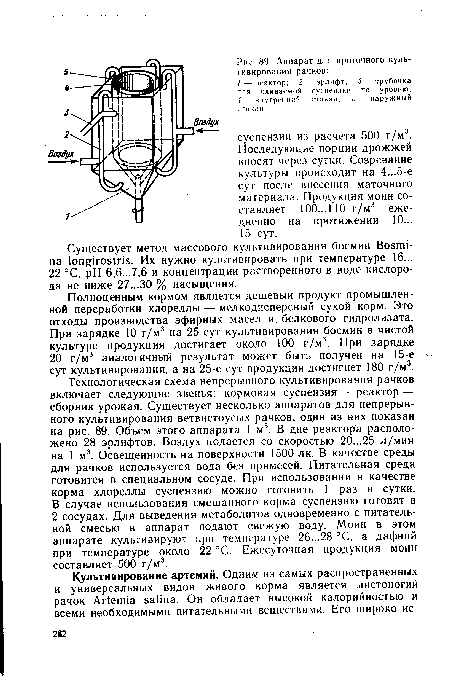 Существует метод массового культивирования босмин Bosmi-па longirostris. Их нужно культивировать при температуре 16... 22 °С, pH 6,6...7,6 и концентрации растворенного в воде кислорода не ниже 27...30 % насыщения.